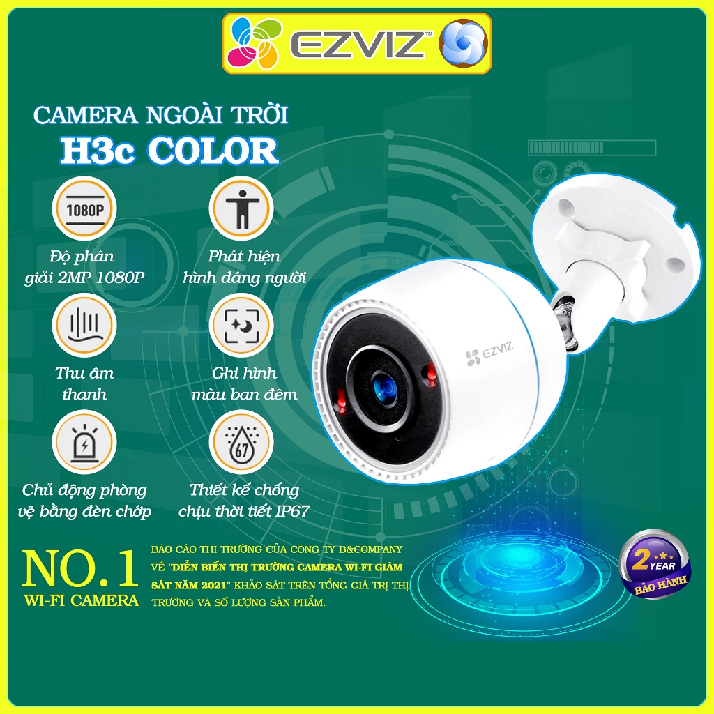 Camera wifi Ezviz ngoài trời H3c H3 ghi âm, báo động, màu và không màu đêm, chính hãng