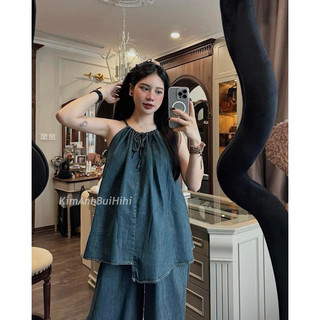 Set yếm jean bò kèm quần form rộng phong cách basic kèm ảnh thật