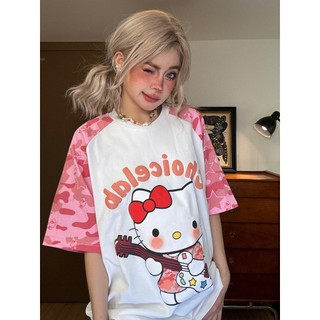 ẢNH THẬT Áo phông mèo Kitty nữ raglan hoạ tiết trắng hồng âu mỹ style oversize unisex
