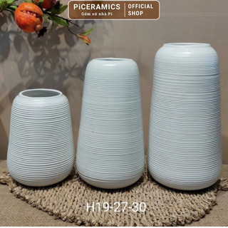 Bình hoa dáng đu đủ gốm sứ Bát Tràng, vân ganh ngang màu trắng men mộc, cao 18cm/27cm/30cm