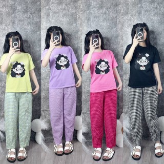 Sét bộ nữ áo cotton khô 3158 mix quần kẻ baggy_XOXO