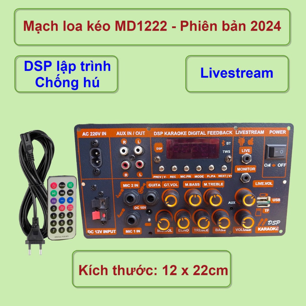 Mạch loa kéo M1222 LIVESTREAM DSP lập trình chống hú 150W có nguồn xung, Loa kéo 4 – 3 tấc đơn hoặc 3 – 2.5 tấc đôi