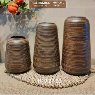 Bình cắm hoa gốm Bát Tràng dáng đu đủ màu nâu mộc, hoạ tiết vân ganh cao 18cm/27cm/30cm