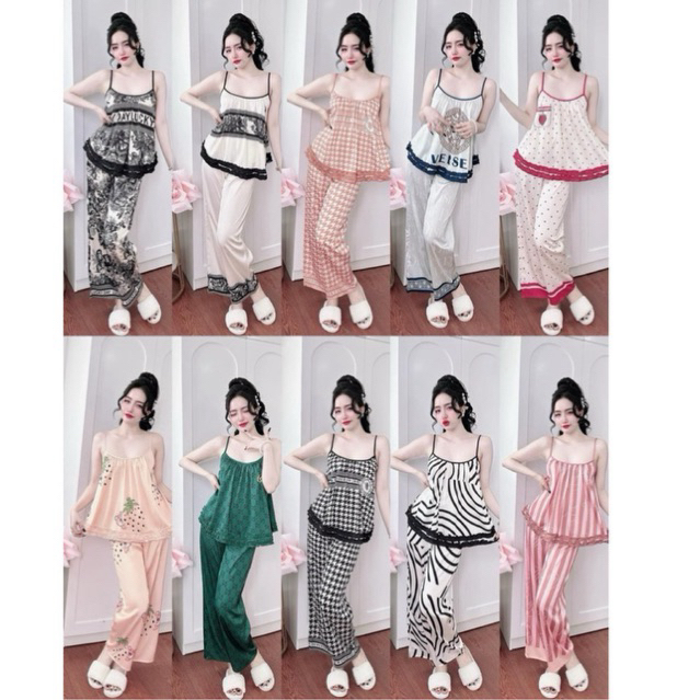 (42-62kg) set lụa xước thiết kế 2 dây quần dài lai bèo