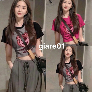 Áo Croptop Nữ , Áo Thun Croptop Gấu Mặt Hồng Fin
