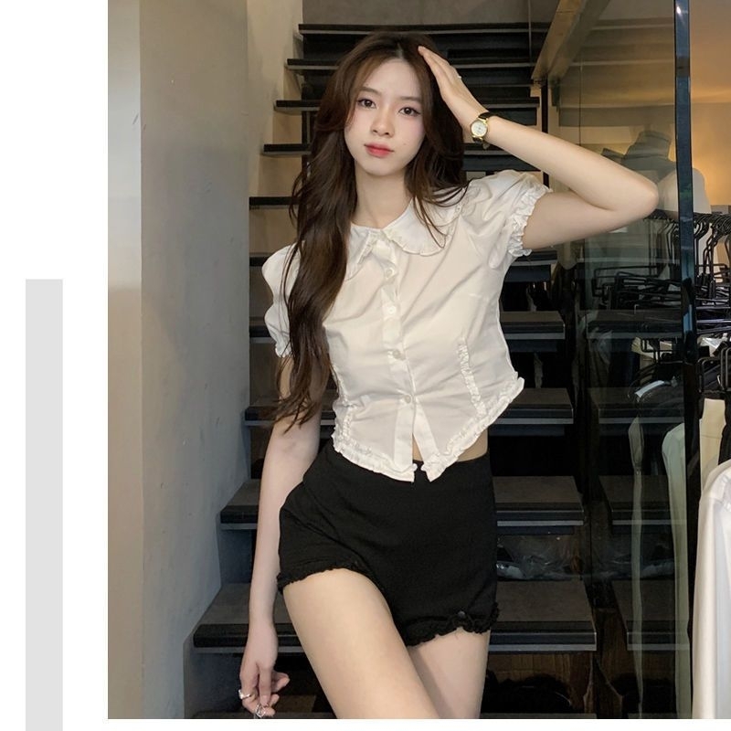 Áo sơ mi trắng nữ ngắn tay tay phồng cộc tay cổ bèo form ngắn vát eo tiểu thư xinh xắn hàng qc chất liệu thoáng mát