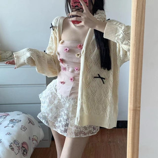 SẴN Áo khoác cardigan dệt kim mỏng mùa hè màu be phối nơ ngọt ngào nữ sinh dài tay dáng dài khoác nắng
