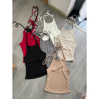 Áo cổ yếm cột dây cao cấp hai lớp chất dệt nhũ ánh kim Nữ Top Women