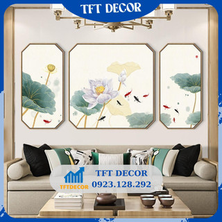 Bộ 3 Tranh sen bát giác treo tường phòng khách, tranh decor phòng thiền trà - tranh hoa sen nghệ thuật trang trí HS4
