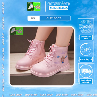 Giày Cho Bé Gái L107 - Giày Boot Bé Gái Mar.tin Cổ Ngắn Thắt Dây, In Hình Công Chúa, Hoa Cúc Cho Bé 3-10 Tuổi