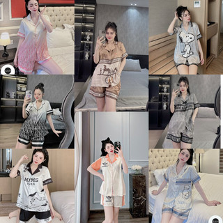Bộ ngủ nữ lụa xước pyjama đùi nhiều hình xinh quần có túi vải mịn đẹp