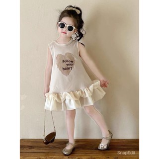 Váy bé gái , váy sát nách màu kem họa tiết trái tim chân váy phối voan tơ đáng yêu cho bé gái