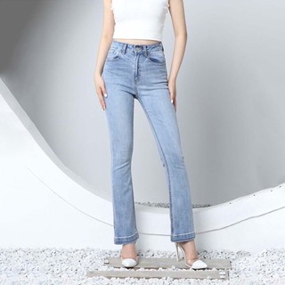 Quần jean ống loe màu xanh đá cạp cao co giãn gấu bản to CP04, CT JEANS