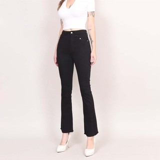 Quần bò ống loe - Jean nữ cạp cao trơn tua chất vải co dãn 4 chiều cao cấp thiết kế 2 màu đen trắng CP31, CT JEANS