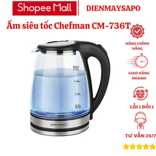 Ấm siêu tốc Chefman CM-736T dung tích 2L công suất 1500W, ấm đun nước thủy tinh an toàn tiện lợi