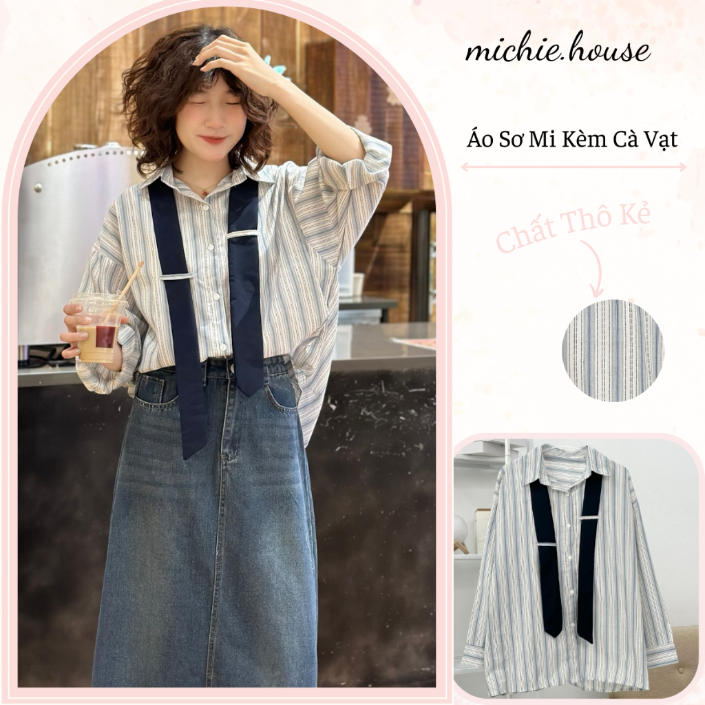 Áo Sơ Mi Nữ Dài Tay Cổ Bẻ Họa Tiết Kẻ Kèm Cà Vạt Thời Trang Kiểu Cách - michie.house - A381