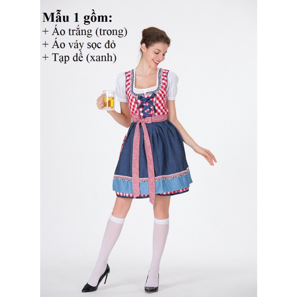 (Nữ Mẫu 1) Trang Phục Phục Vụ Bia Đức Oktoberfest Đầm Hóa Trang Cô Hầu Gái Phục Vụ Bia Tay Ngắn Kiểu
