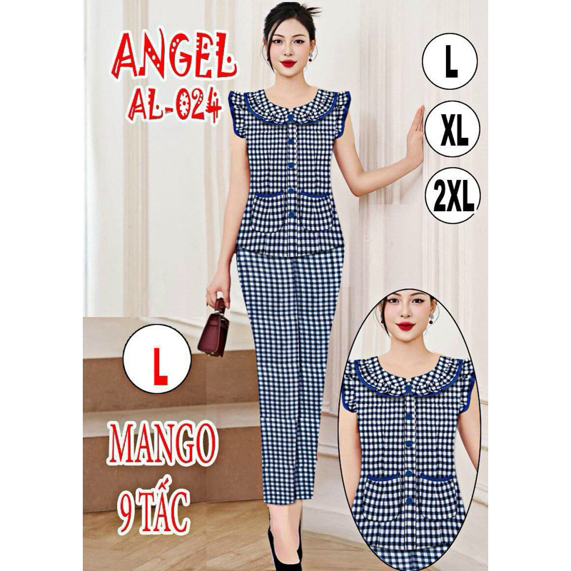 Đồ bộ nữ,đồ ngủ mặc nhà lửng 9 tấc vải lụa mango tay cánh tiên cổ sen hoạ tiết sọc caro dễ thương si