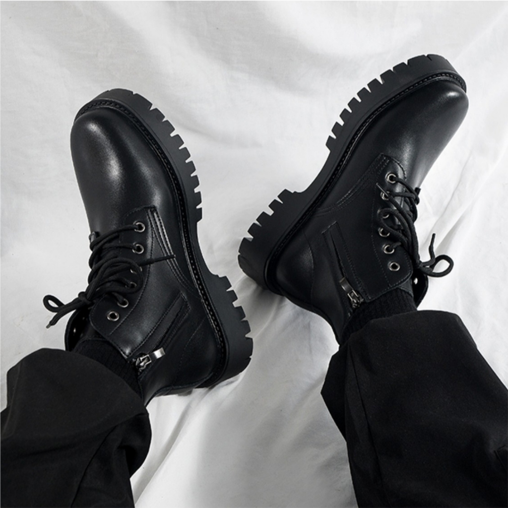 Giày Bốt Combat Khóa Kéo Cao Cổ Da Trơn BCC11 Full đen