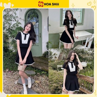 Set thiết kế áo kiểu mix chân váy xếp ly chất Tuyết Mưa Phối Ly Ngực Trắng Cổ Nơ Khuy Đá Kèm Ảnh Thật