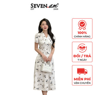 Đầm xòe tay cộc lụa trắng hoa nâu trắng cổ V Seven.AM H633444H