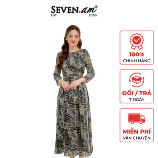 Đầm xòe tay dài chiffon họa tiết cổ tròn thời trang nữ Seven.AM C651003C