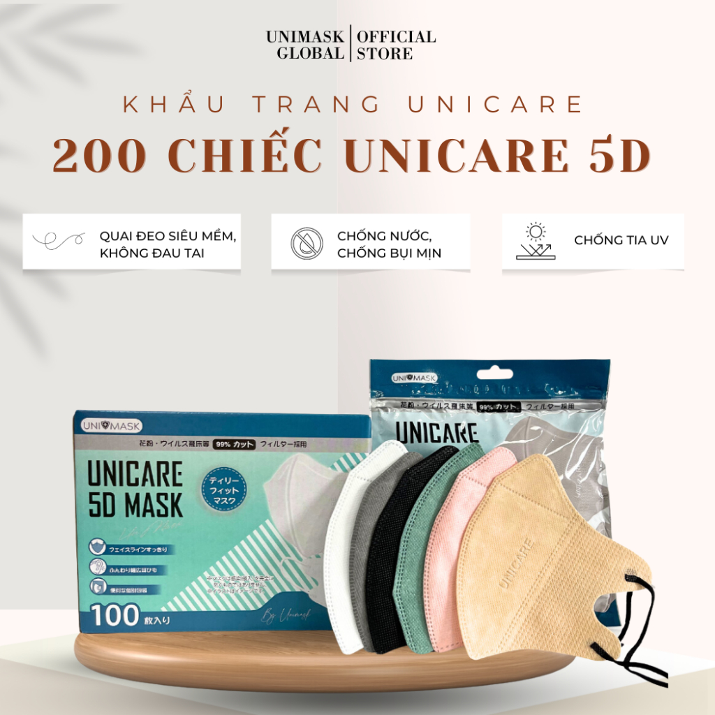 Thùng 200 chiếc khẩu trang 5D UNICARE khẩu trang 3 lớp ngăn ngừa khói bụi cản tia UV thế hệ mới