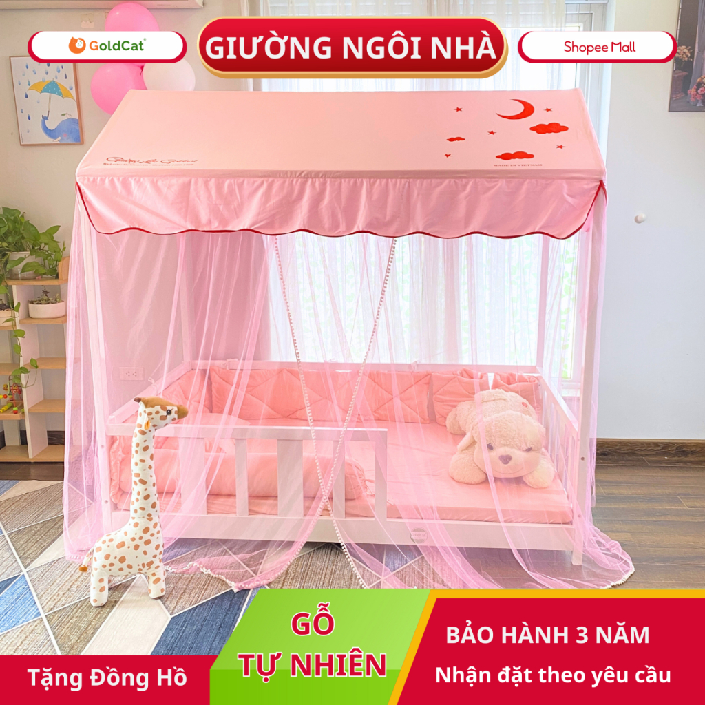 Giường Gỗ GoldCat Cho Bé Hình Ngôi Nhà, Gỗ Quế Tự Nhiên GoldCat Cho Trẻ Từ 3-15 Tuổi | Tặng Set Chăn Gối