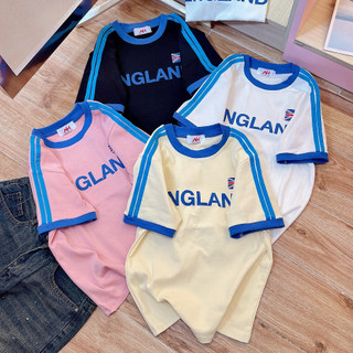 Áo thun nữ form ôm gọn người babytee phối sọc tay in chữ phía trước (Mã sọc tay ENGLAND)