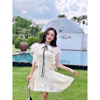 ELRÊVER - Đầm nữ xòe cổ sơmi phối tay cánh tiên xinh xắn - Màu kem - 0723D71