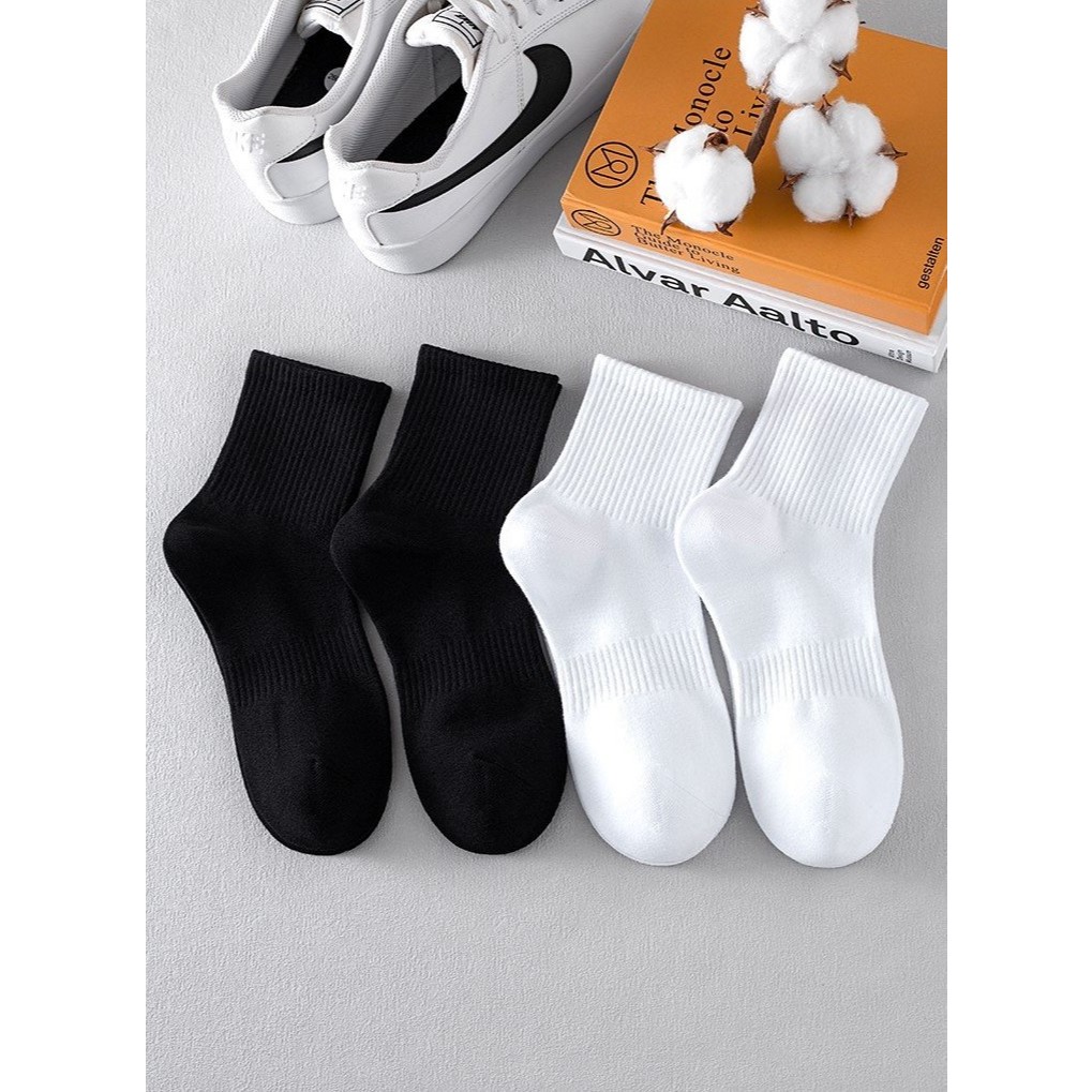 Tất vớ nam nữ cổ trung Trắng Đen chất liệu Cotton co giãn bốn chiều, kiểu dáng trơn phong cách hiện đại