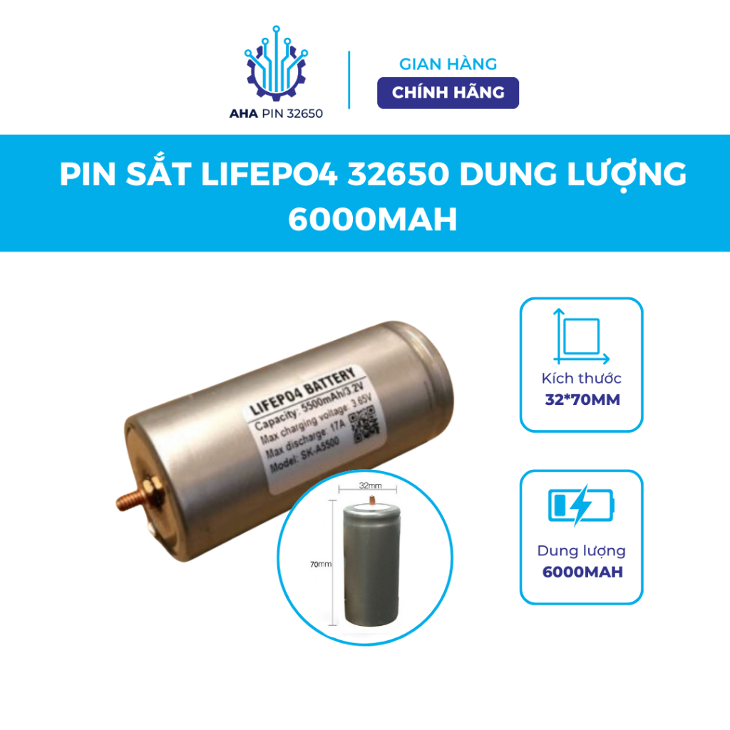 Pin 32650 6000mAh Pin Lithium 32650 3.2V Tặng Kèm Khung và Ốc Vít Chống Cháy Nổ