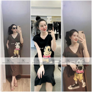 Váy Suông Dáng Dài Cổ Tim Micckey, Đầm Suông Nữ Cộc Tay Co Giãn