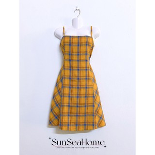 Váy đầm 2 dây mini dáng ngắn kẻ caron màu vàng cam secondhand