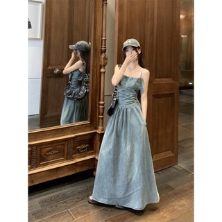 Váy Jeans hai dây cúp ngực thon eo xòe dài maxi tiểu thư hàng Quảng Châu loại 1