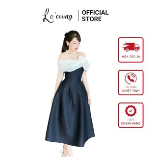 Váy đẹp sang trọng dáng dài lecoong v593 đầm trễ vai phối hoa tafta