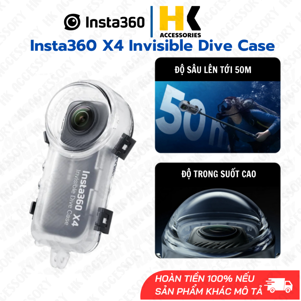 Insta360 X4 Invisible Dive Case- Khung chống nước tàng hình Insta360 X4 lặn sâu 50m