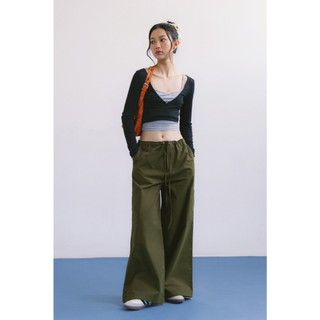 Libé workshop - quần nữ ống suông khaki dù màu xanh rêu