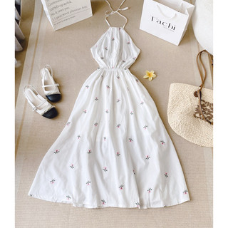 ĐẦM MIDI THÊU CỔ YẾM CỘT NƠ LƯNG