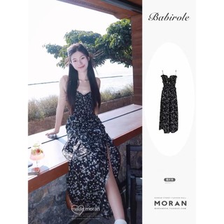 (ORDER-sẵn S) Váy voan hai dây hoa nhí màu đen MORAN thon eo xòe dài xẻ tà gợi cảm mùa hè HOT trend hàng QC cao cấp