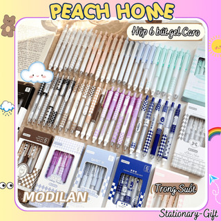 (NEW) Hộp 6 Bút Bi Bấm 0.5mm Caro Trong Suốt MOKA Mực Gel Đen 2024 Set Cây Viết Cute 1k Peach Home