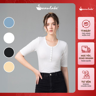 Swanlake | Áo Thun Nữ Trơn Cổ Tròn Vải Thun Len Tăm Co Giãn Cổ Khuy Giả Phom Ôm Tay Ngắn Cao Cấp Dễ Phối Đồ - A11224LW01
