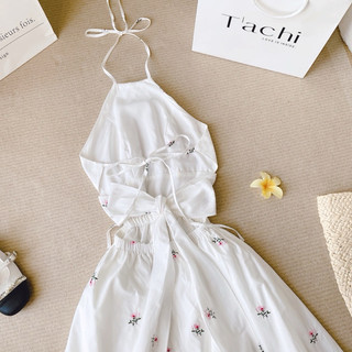 ĐẦM MIDI THÊU CỔ YẾM CỘT NƠ LƯNG