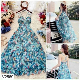 Đầm maxi thời trang nữ mặc đi dự lịch chất Voan hoa chinfong có mút ngực váy dài xòe qc