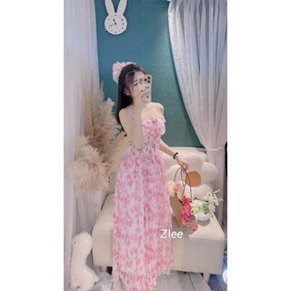 Đầm maxi đi du lịch chất Voan hoa 3D mocking 2 dây có mút ngực váy dài xòe qc
