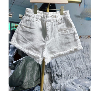  Quần short jean nữ lai tua lưng cao Quần đùi nữ chất denim mềm không co dãn 