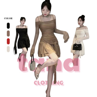 Đầm trễ vai lưới chiết eo phối dây cột TANA , chân váy xòe Có Lót Quần, đi chơi đi tiệc sang chảnh