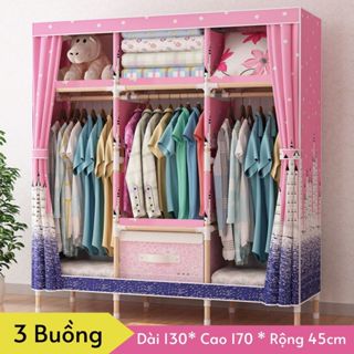 Tủ vải đựng quần áo, Giá kệ treo khung gỗ 3 buồng 6 ngăn kích thước 130x170x45cm TUVAICAOCAP  bảo hành 12 tháng 1 đổi 1