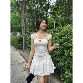 Áo chất thun gân tay nhún kiểu cổ vuông đính nơ form croptop phối dây cột eo xinh xắn-hithouse-hitsa037