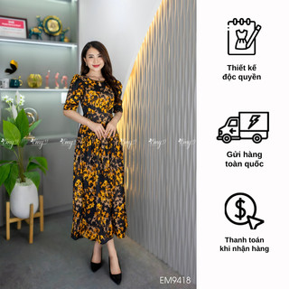 Đầm emy em9418 xoè đen hoa nhí vàng